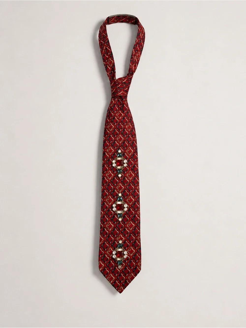 Dior Maroon Geometric Silk Tie with Swarovski Medallion Accents